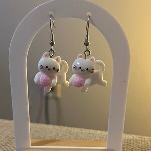 White Cat with Pink Yarn Earrings - Pet-Themed Jewelry